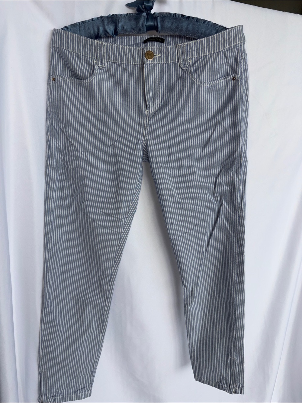 Massimo Dutti Pants Blue & White Striped Slim Crop Cotton Size 8, 27” inseam